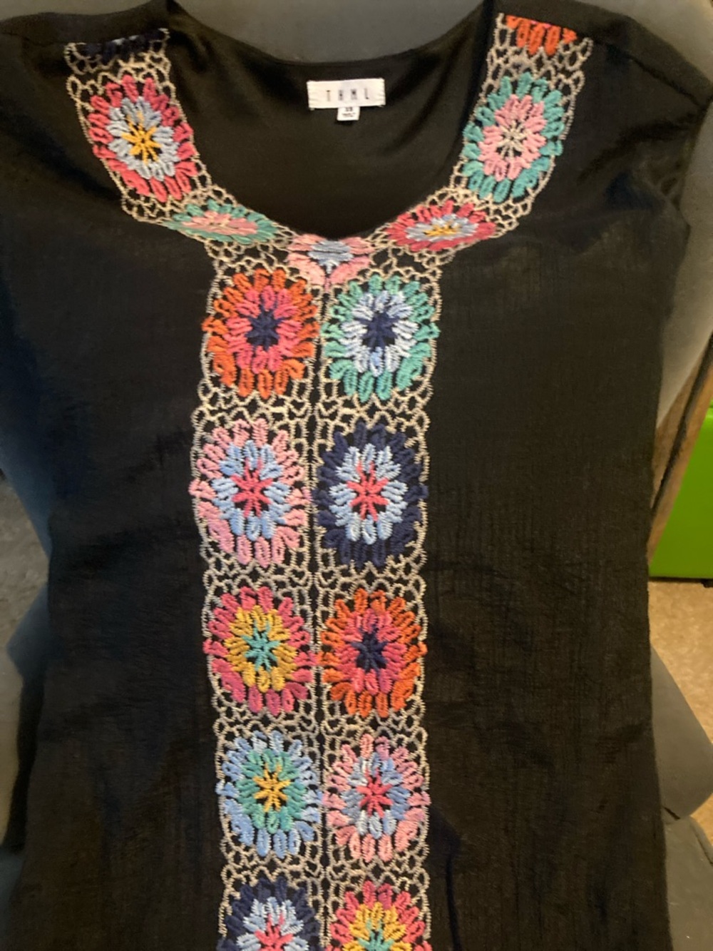 THML Black Mini Dress with Multicolor Crochet Floral Panels - Picture 7 of 8